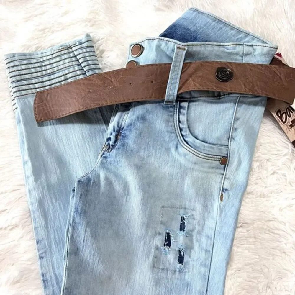 Bambu Women's Jeans‎ Stretch Skinny Destroyed Denim with Belt - 9 US 14 Colombia